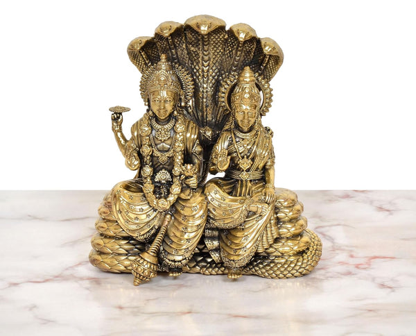 Superfine Brass Maa Lakshmi with Lord Vishnu On Sheshnag Idol Statue (Height 5.5 Inch) Study Setting