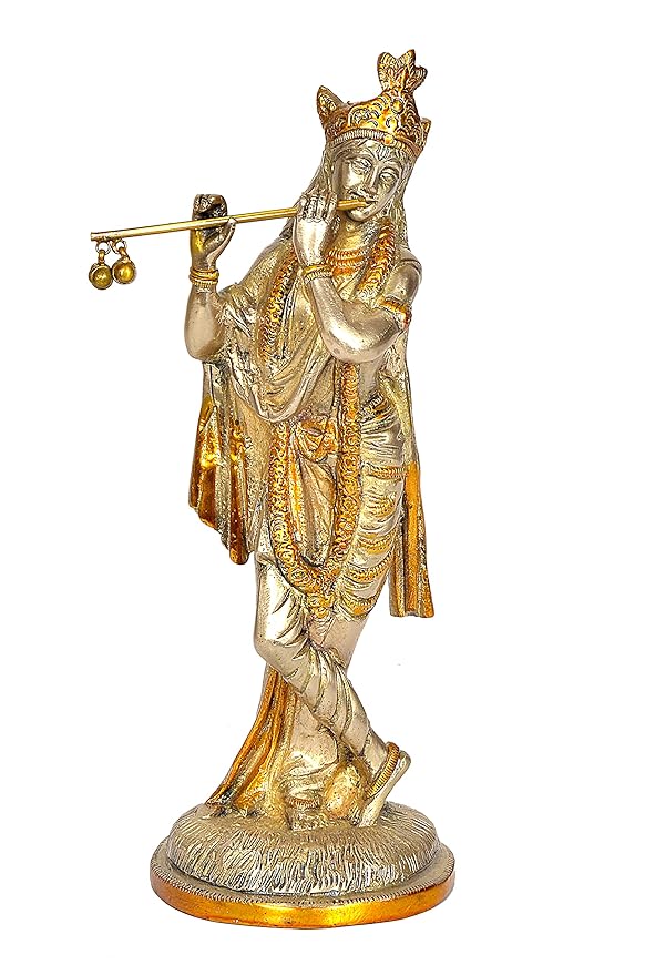 Brass Krishna idol, flute-playing pose with crown; multicolour finish; 10 in