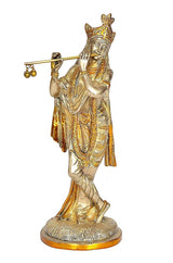 Brass Krishna idol, flute-playing pose with crown; multicolour finish; 10 in