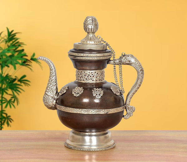 Traditional Himalayan Brass Teapot Tea Kettle Decorative Showpiece (Height: 11 Inches)