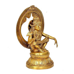 Seated Lord Ayyappan brass statue, gold arch frame, side view with raised arm
