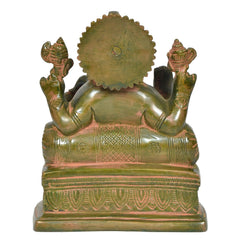 Brass green Ganesh sculpture, back view, seated figure with detailed back and base