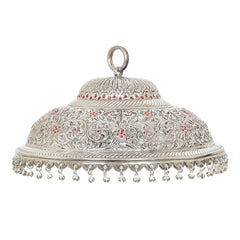 Silver metal carved chatttar dome with red floral inlay and dangling bell fringe