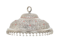 Silver carved metal chattar with red floral trim and dangling bead fringe