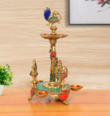 Brass peacock diya stand with oil cups and multicolor enamel, 12-inch height