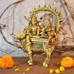 Brass Shiva Parvati idol on Nandi, side view, ornate circular halo frame