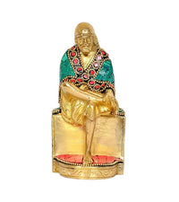Brass Sai Baba statue idol, seated figure with green robe and beaded garland