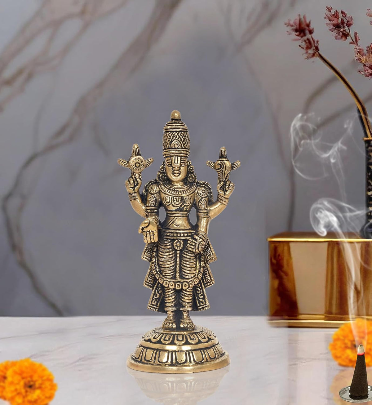 Brass Tirupati Balaji idol statue with raised hands and ornate crown, 7.5 in
