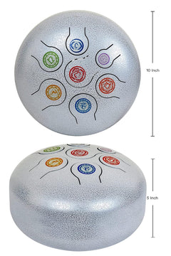 Happy drum size diagram: 10-inch top and 5-inch height, silver with symbols