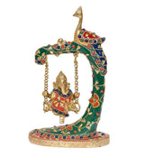 Brass peacock Ganesha jhula statue, swinging Ganesha with beaded multicolor details