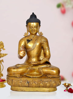Antike Messing-Buddha-Statue, sitzend, Hände im Meditationsgestus, goldfarben