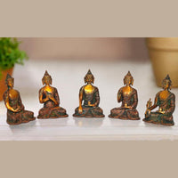 Set of five brass cosmic Buddha statues, seated meditative figures with haloed heads