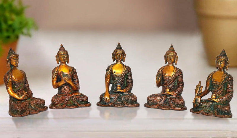 Brass Set of Five Cosmic Buddha Statues - Meditative Figurines for Spiritual Home Decor (Height : 4.5 Inch)