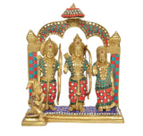 Brass Ram Darbar darbar idol, three standing figures inside ornate arched frame with jewel trim