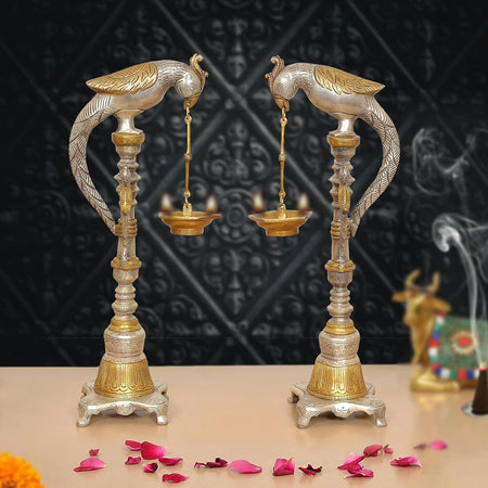 Brass Parrot Oil Lamp Stand Diya |Set of 2| (Height: 16.5 Inch)