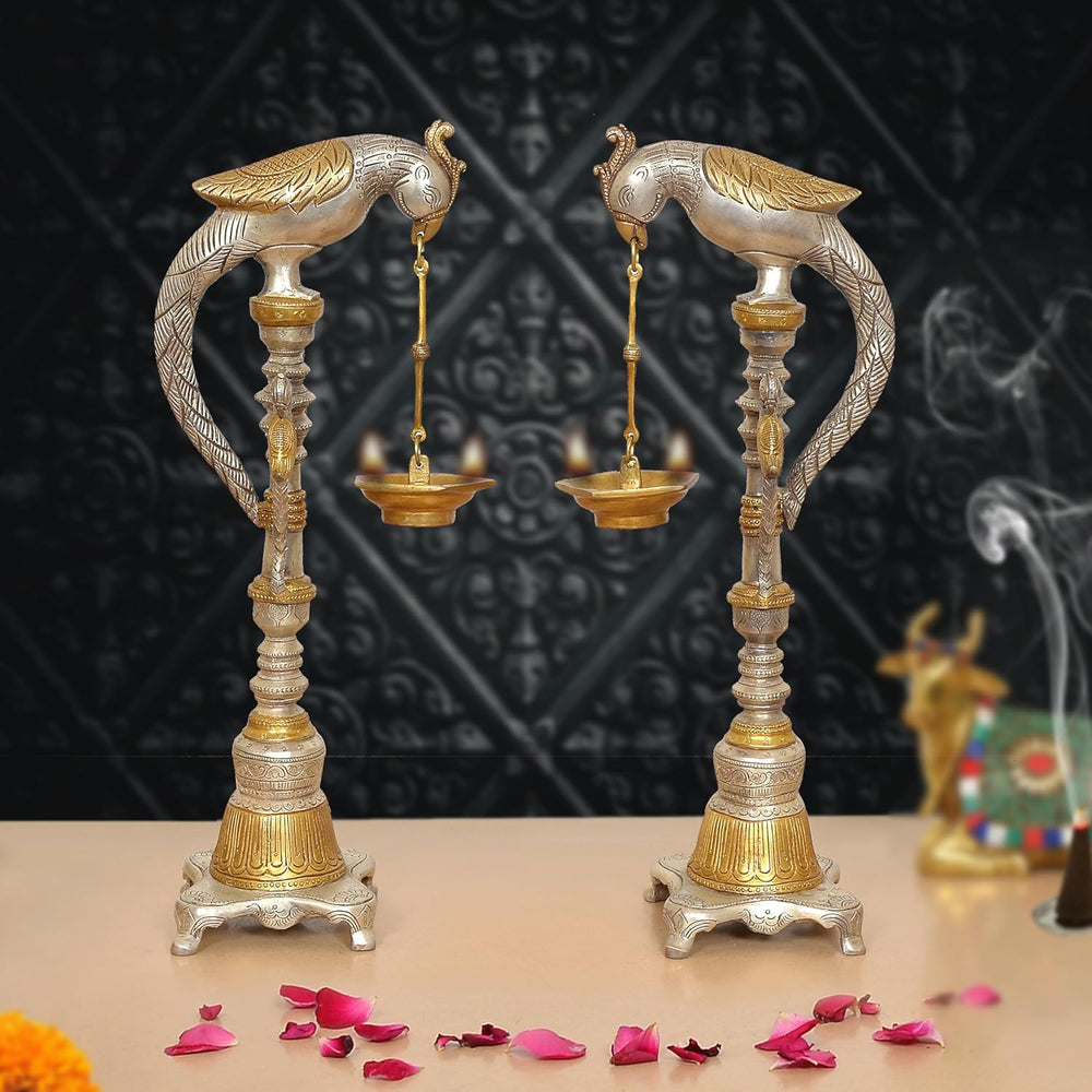 Brass Parrot Oil Lamp Stand Diya |Set of 2| (Height: 16.5 Inch)