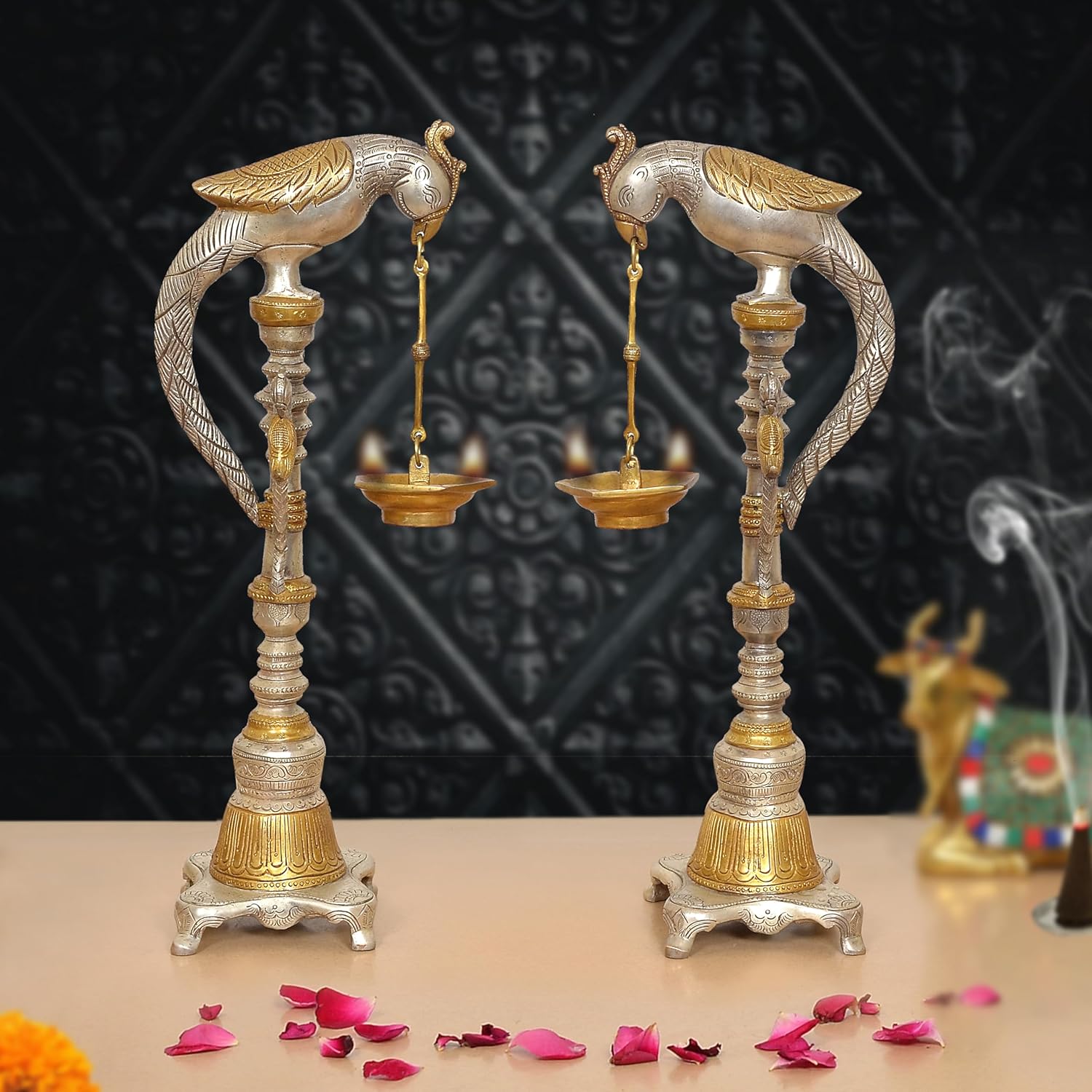 AONA Brass Parrot Oil Lamp Stand Diya |Set of 2|