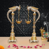 Brass parrot diya oil lamp stands (set of 2) with hanging bowl holders