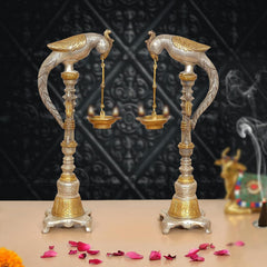 Brass parrot diya oil lamp stands (set of 2) with hanging bowl holders