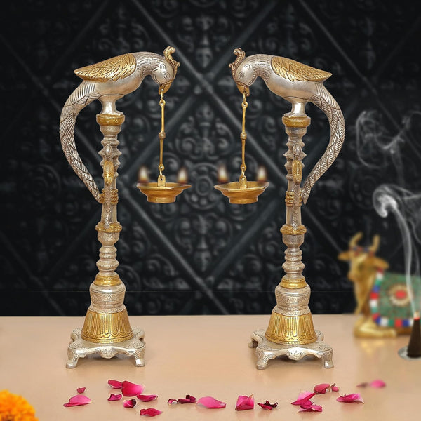 Brass Parrot Oil Lamp Stand Diya |Set of 2| (Height: 16.5 Inch)