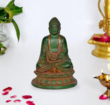 Green brass seated Buddha statue, hand-painted details, 8 inches tall