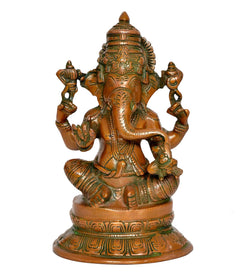 AONA Brass Ganesh statue, front view with ornate crown and seated lotus posture