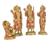 Ram Darbar brass statues: Lakshman, Sita, and Hanuman standing with red-and-gold accents