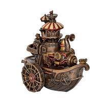 Steampunk-Gondola-Statue aus Harz, schräger Blick mit Turmkranz und seitlichen Rohren