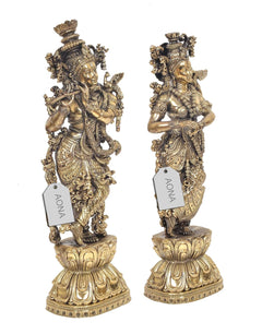Brass Radha Krishna statue pair, Krishna holding flute, Radha with hand gesture, 15 in