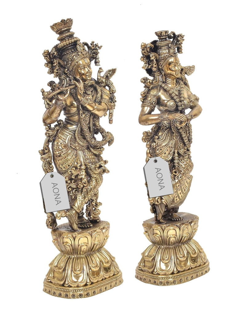 Brass Radha Krishna statue pair, Krishna holding flute, Radha with hand gesture, 15 in