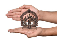 Copper Vishnu Shridevi and Bhudevi statue in hands for scale, arched base and figures