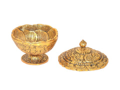 Gold metal dry fruit bowl and matching lid, ornate patterns, pedestal base