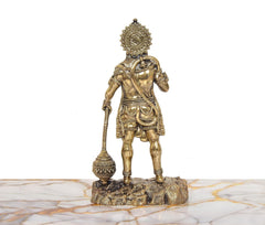 Brass Hanuman Ji standing statue, rear view with ornate halo and decorative belt