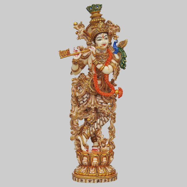 Marble Lord Krishna Flute-Playing Standing Idol for Home, Office, Hotel & Entrance Décor (Height:14 Inches) Entryway Setting