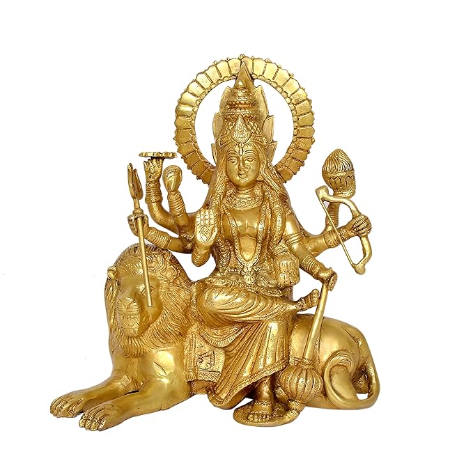 Durga Maa Sitting on Lion Statue Religious Goddess Hindu Devi Maa Durga Brass Sculptures Height - 11.5 Inch