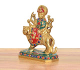 Durga Maa on lion brass statue, multicolor painted details and gold crown, side view