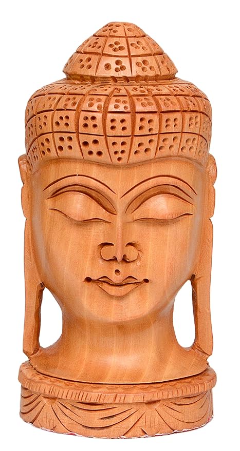 Wooden Buddha head collectible statue, carved face and crown, 11 in tall