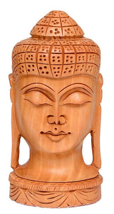 Wooden Buddha head collectible statue, carved face and crown, 11 in tall
