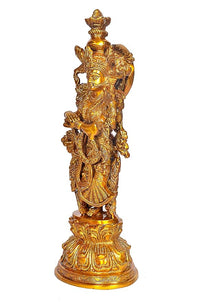 Gold-tone brass Radha Rani idol sculpture, tall side view with intricate jewelry details.