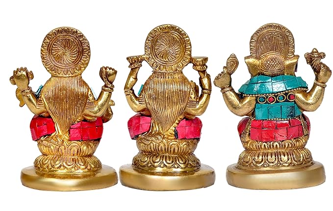 Goddess Lakshmi Ganesha Saraswati Brass Idol Lakshmi Ganesh Murti, Height 5 Width 3.5 Inches