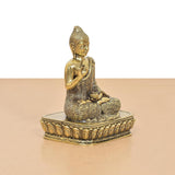 Bronze Buddha idol angled view, Abhaya mudra hands, patterned robe and pedestal