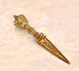 Brass Tibetan furba dagger pendant, face handle, filigree blade with multicolor inlay