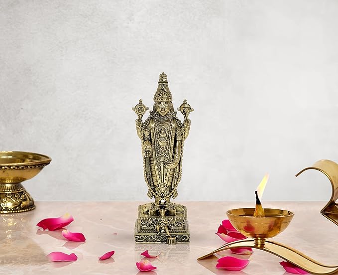 Tirupati Balaji brass idol statue, ornate standing deity with pedestal, 6 inch