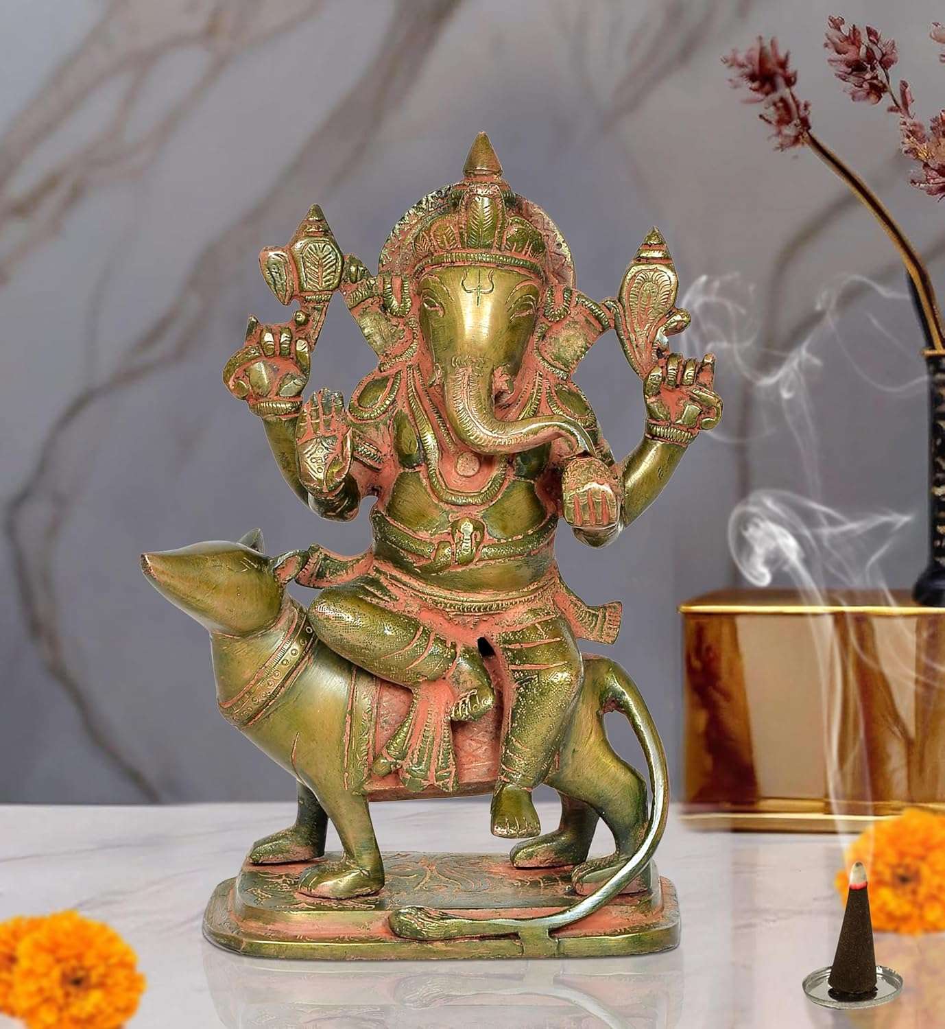 Brass Lord Ganesha Sitting on Mouse Figurine (Height 9.5 Inch)