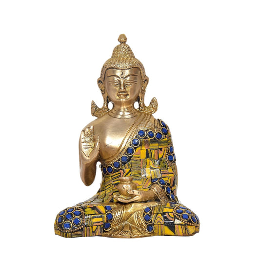 Brass Buddha Statue - Handcrafted Spiritual Multicolor Stone Handwork Decor for Home and Office Decor - Meditating Buddha Idol (Height 6.5 Inch)