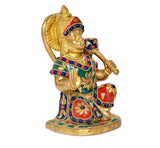 Hanumanji brass statue holding pot, side angle with multicolor decorative details