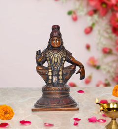 Ayyappan Ayyappa seated brass statue idol with raised hand, detailed jewelry and crown