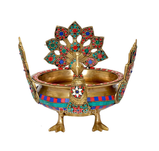 Brass Peacock Design Brass Urli - Handcrafted Traditional Decor Bowl for Weddings, Diwali, and Home Entrance Decor (Height 8 Inch) (Multicolor 1)