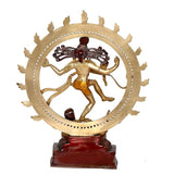 Shiva Nataraj brass idol rear view, broad sun-like halo and carved pedestal base