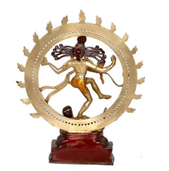 Shiva Nataraj brass idol rear view, broad sun-like halo and carved pedestal base
